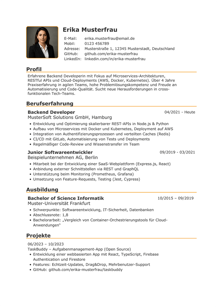 IT CV Template Einfacher, einspaltiger Beispiel-Lebenslauf mit Foto und farbig unterstrichenen Überschriften